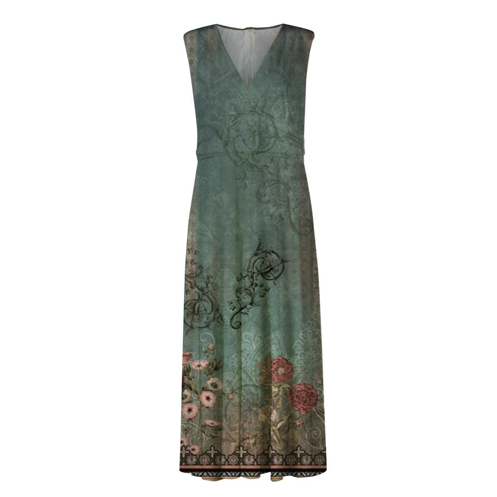 Langes Kleid für Damen, Maxikleid, Freizeitkleid, Swing-Kleid, A-Linien-Kleid, Blumenmuster, Mode, Streetwear, Outdoor, Alltag, Datumsdruck, ärmelloses Kleid mit V-Ausschnitt