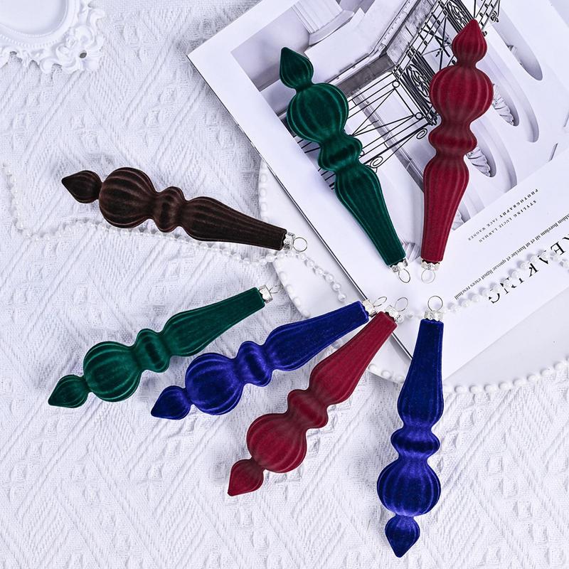 6pcs Flocked Velvet Christmas Gourd Pendant Shatterproof Plastic Christmas Cone Ball Set Reusable Xmas Tree Hanging Ornaments