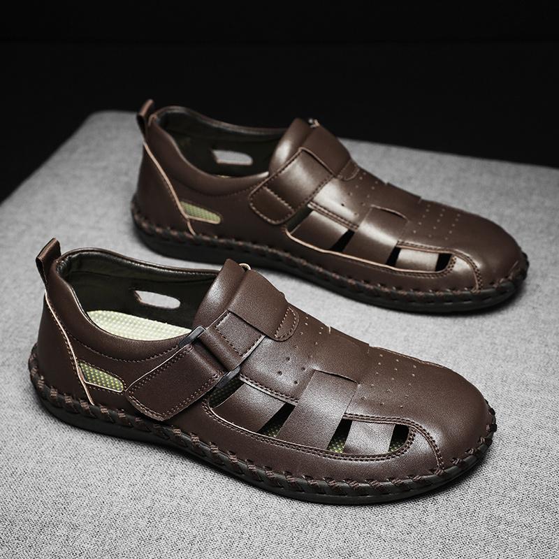 Fashion Hand-stitching Summer Sandals Genuine Leather Mens Casual Shoes Outdoor Non-slip Sandals  Hollow Male Beach Footwear Roman Shoes