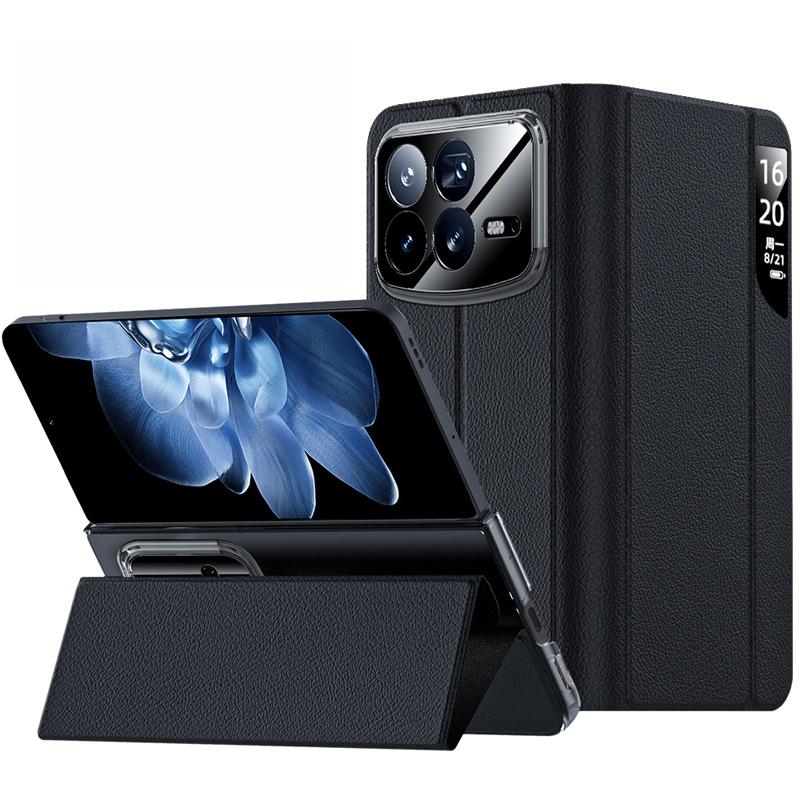 Suitable for Xiaomi Mixfold4 Phone Case, Foldable Screen Smart Window Stand, All-inclusive Anti-drop Business Men's Plain Leather Case