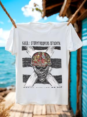 S O D "Speak English Or Die" Grafik-T-Shirt - Kühles Totenkopf- und gekreuzte Waffen-Design