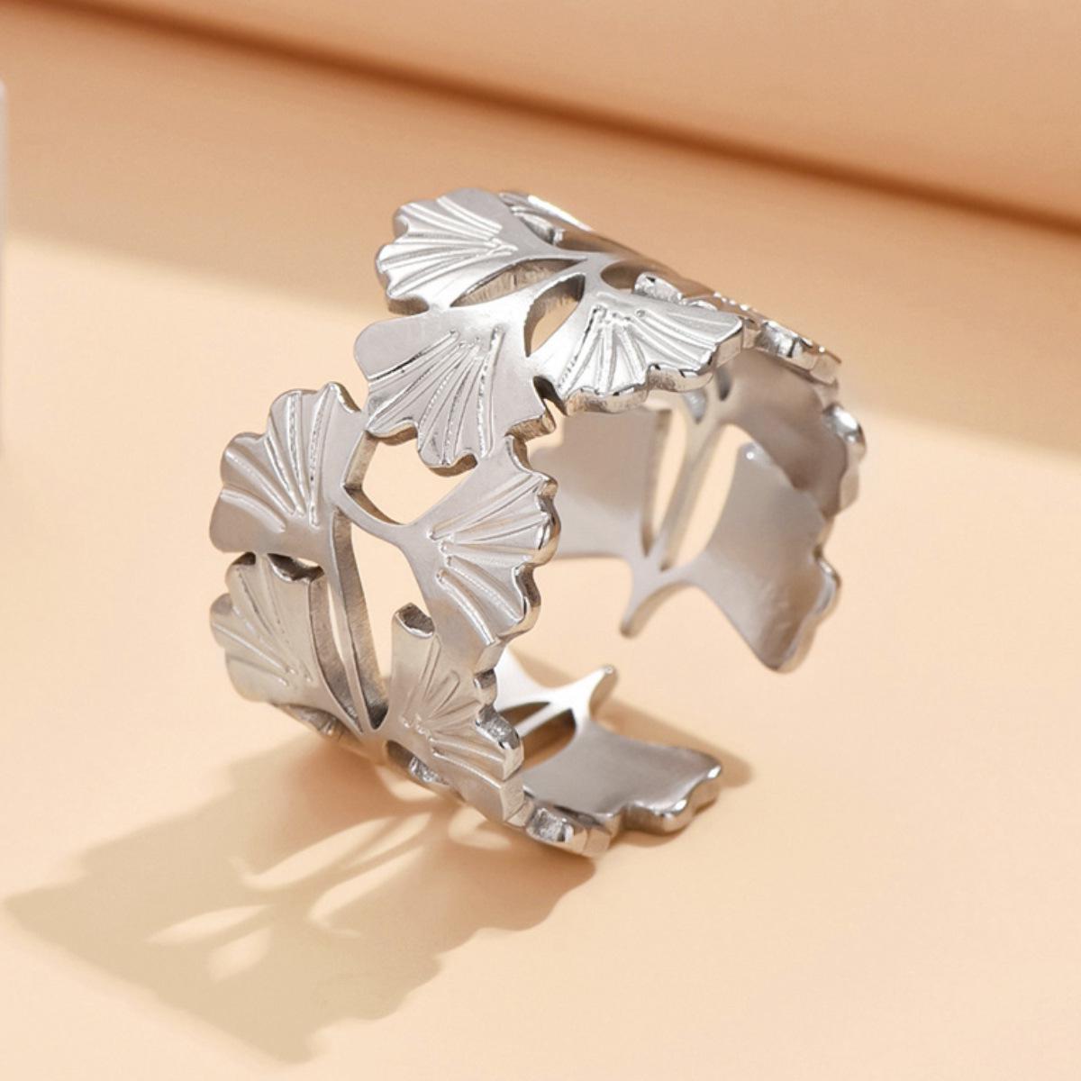 High-End Silver Ginkgo Leaf Open Ring - Women s Titanium Steel Retro Jewelry