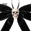 Retro Distressed Skull Accessory Halloween Velvet Bows with Ornaments for Tree Decoration, Black Flannel Skeleton Wall Decor Gothic Bow Hanging