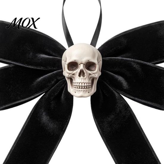 Retro Distressed Skull Accessory Halloween Velvet Bows with Ornaments for Tree Decoration, Black Flannel Skeleton Wall Decor Gothic Bow Hanging