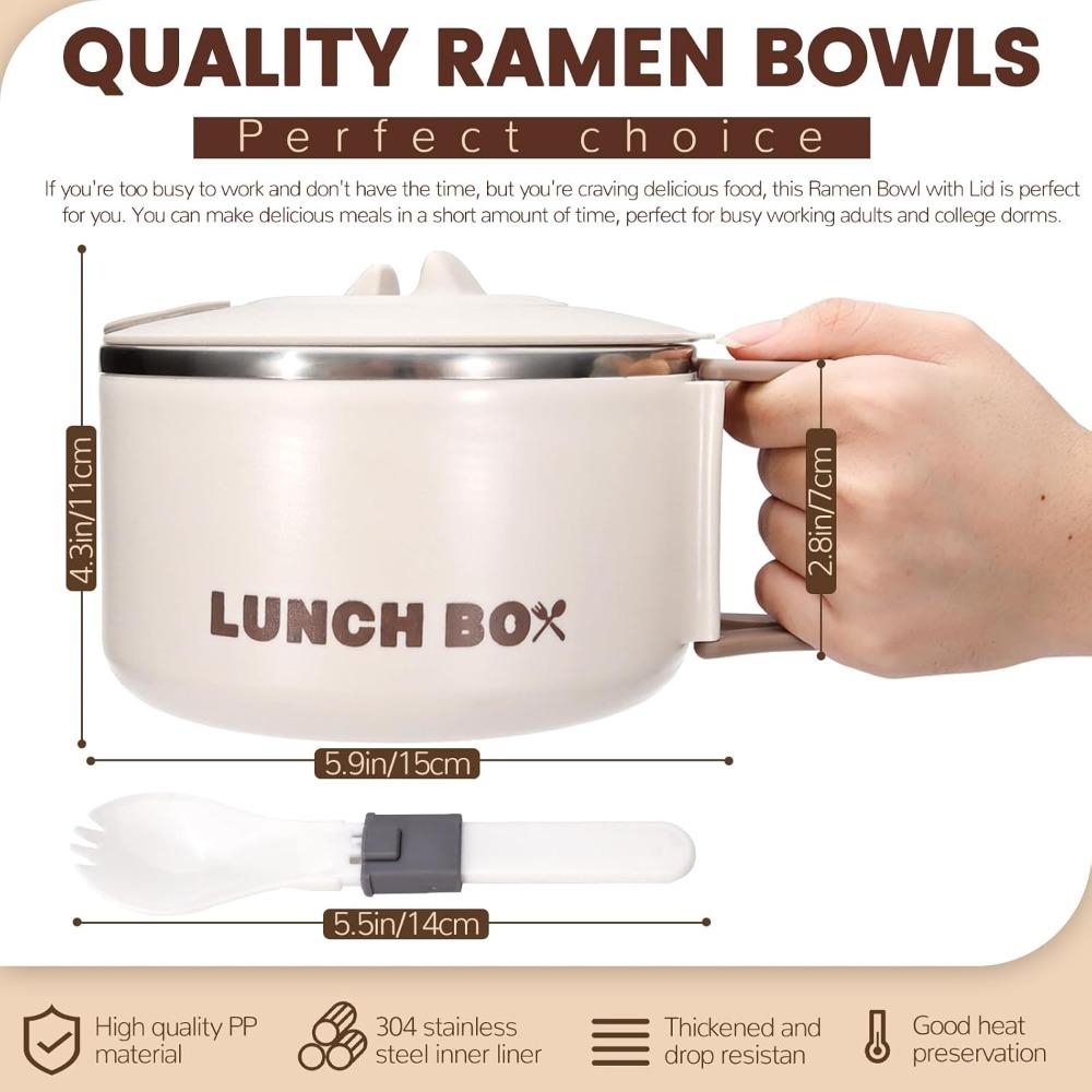 Lidded Handle Ramen Bowl with Stainless Steel Inner Container Microwave Safe Lunch Box for Instant Noodles Cooking Device