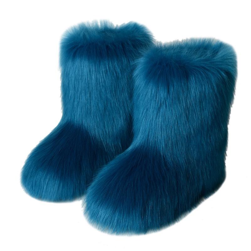 Flat heel high top warm winter furry boots deep mouth round head medium tube imitation fox fur snow boots women