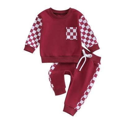 Baby Girls Boys Fall Outfits Checkerboard Print Patchwork Long Sleeve Crew Neck Sweatshirts Long Pants 2Pcs Clothes Set
