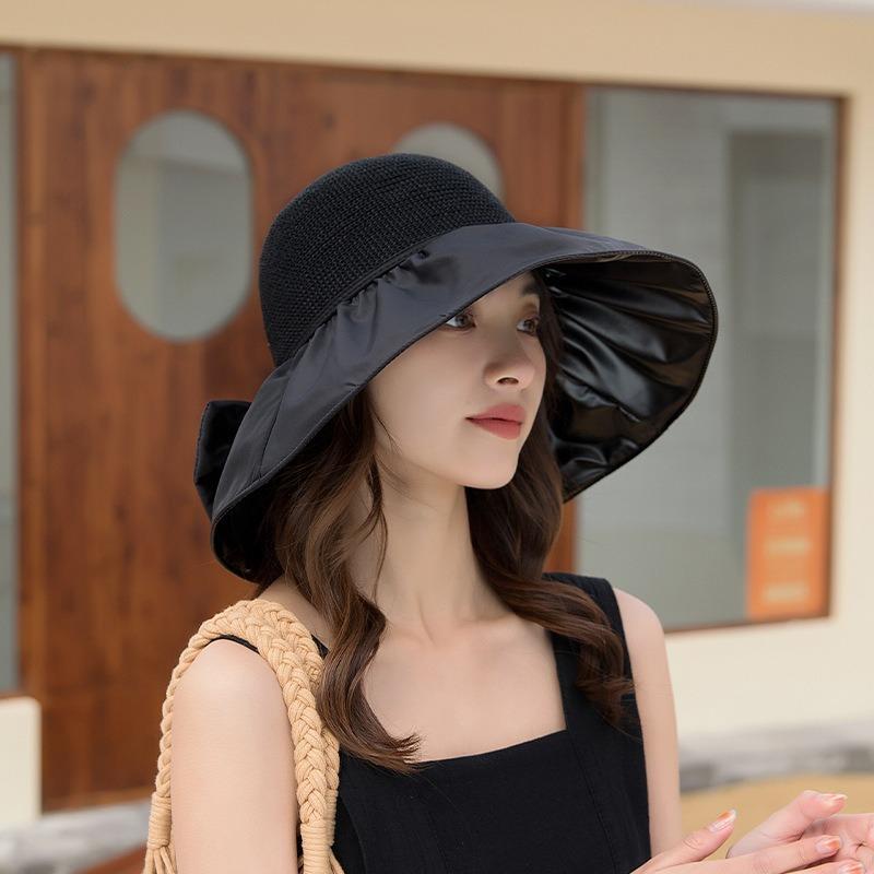 

Women Summer Wide Brim Foldable Packable Bucket Hat Black Coated UV Shield Outdoor Beach Travel Breathable Hollow Out Design чорний