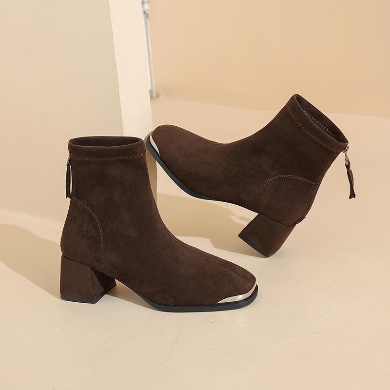 Mode Französisch Retro Eckige Zehen Blockabsatz Stiefeletten Damen 2025 Neu Herbst Vielseitige Mode Hohe Absatz Stiefel