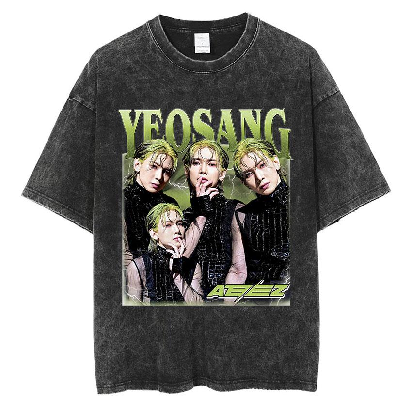 Vintage Washed Ateez Yunho Kpop Band Album 2026 TShirt Mens Women Hip Hop Loose Korean Fashion Short Sleeve T Shirt Streetwear