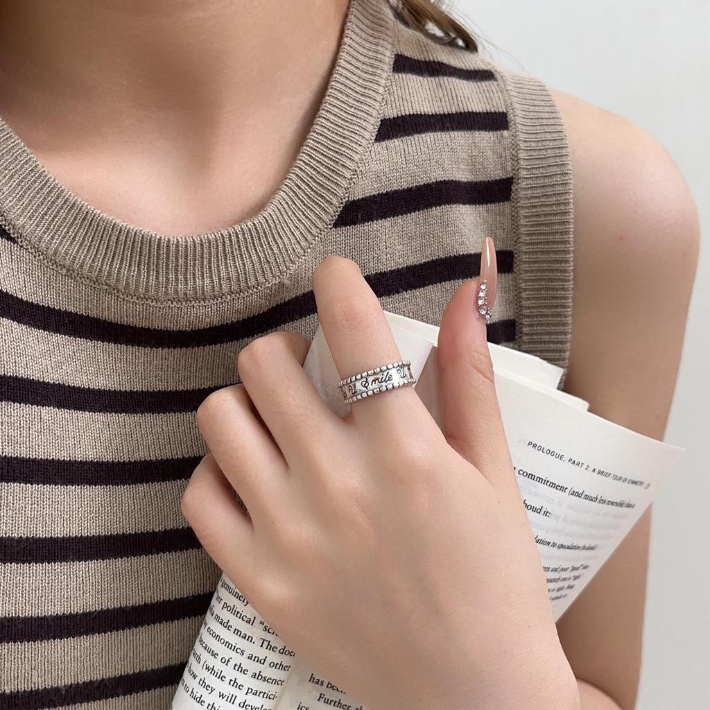 Yinruitai Retro S925 Sterling Silver Adjustable Distressed Letter Ring for Women - Niche Design Index Finger Jewelry