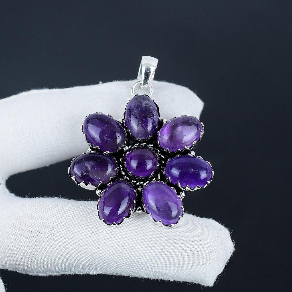 Natural Amethyst Gemstone Silver Flower Pendant in 925 Sterling Silver - Handmade Pear Design, Everyday Wear Jewelry BIrthday Gift