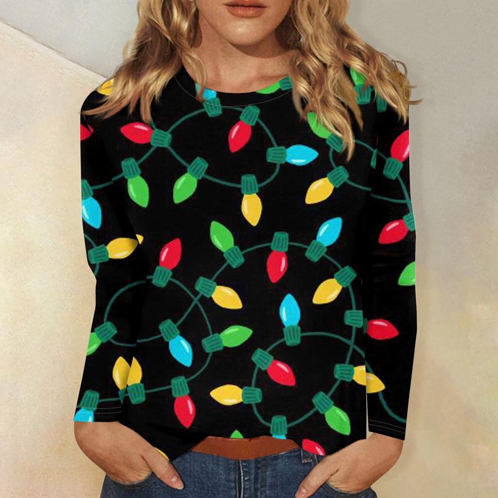 Women's Fashion Casual Christmas Print Round Neck Long Sleeve Decorative T-Shirt Top