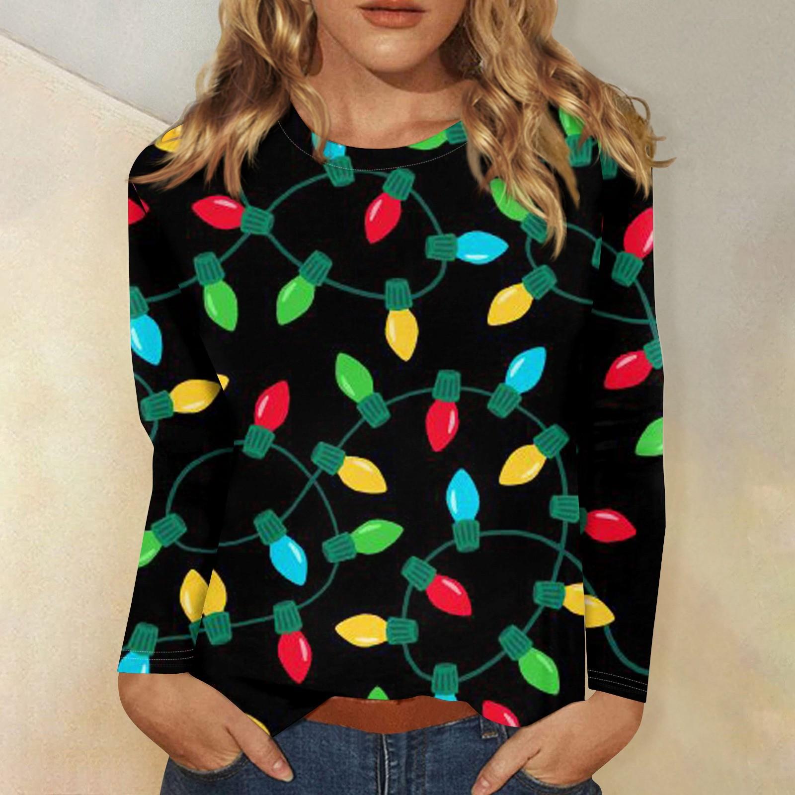 

Жіноча модна повсякденна декоративна футболка з різдвяним принтом і круглим вирізом з довгим рукавом XXL