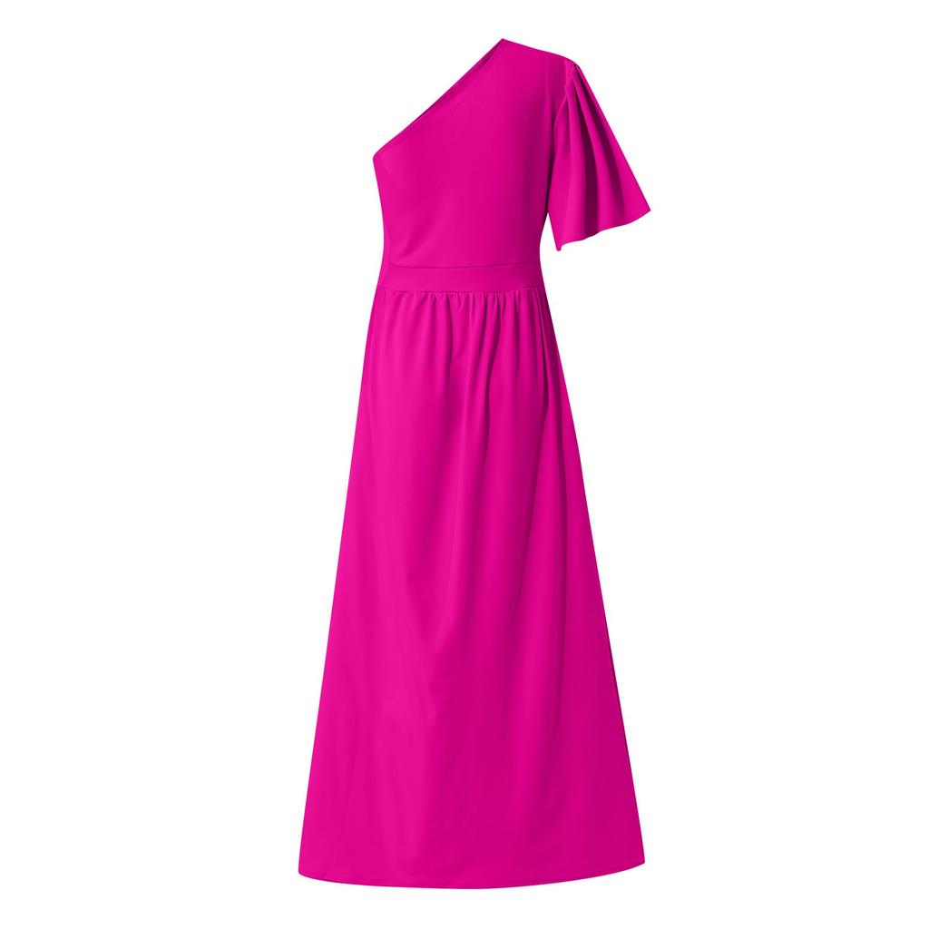 Women's Color Ruffle Slanted Shoulder Hem Slit Dress