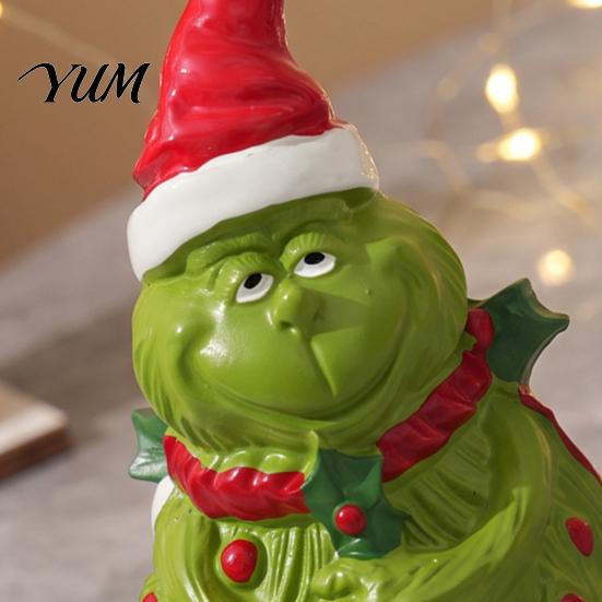 Outdoor Garden Statues Christmas Green Monsters Ornament with Santa Hat And Scarf, Resin Frog Elf Figurine for Home Decoration, Landscaping