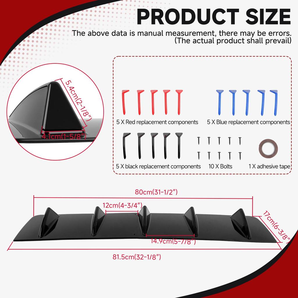 Universal Black Blue Red Shark Fin Three-Section Car Rear Bumper Lip 5-Fin Diffuser Universal Spoiler A Body Kit For Honda
