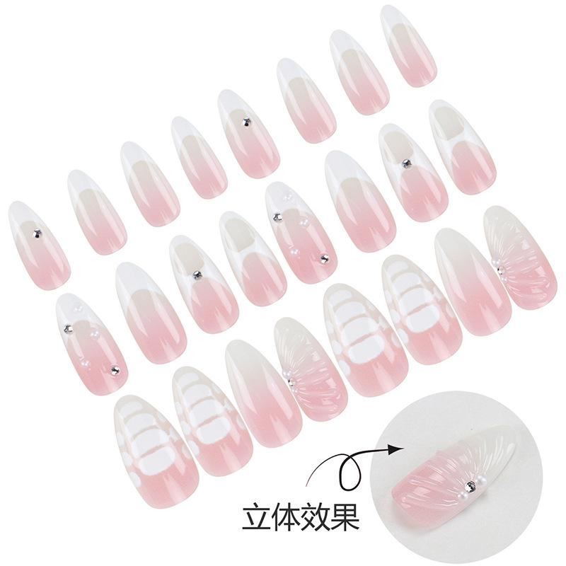 Ins Gentle Pink Gradient Wearable False Nails French Pearl Shell Relief Cross-Border Nail Stickers
