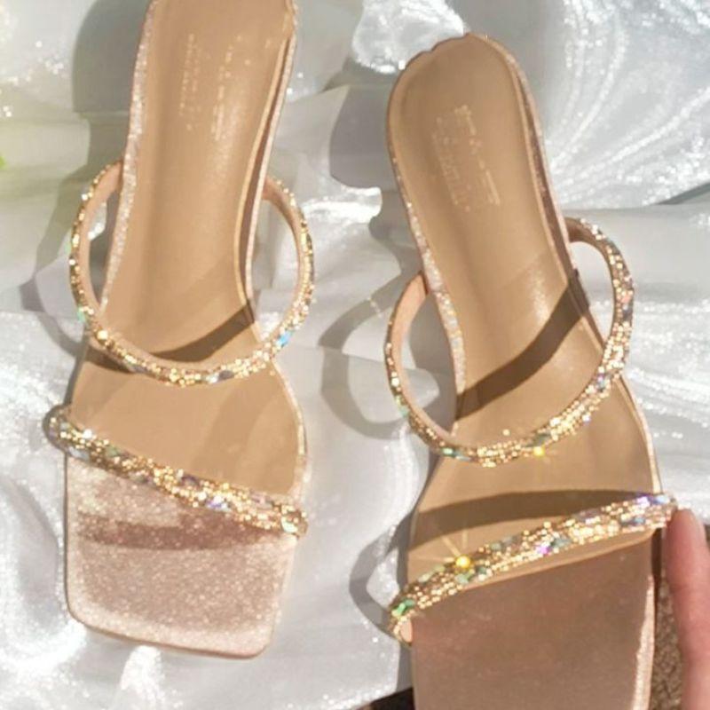 High-heeled Sandals Women's Thin-heeled Rhinestones with a Word Belt In the Summer of 2025, New European and American Temperament, Socialite Sty
