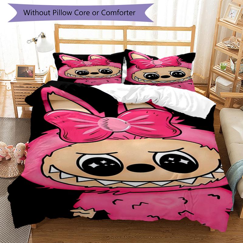 Pink Monster Design Bed Bedding Set 1 Duvet Cover + 2 Pillowcases Soft Breathable Household Bed Linens