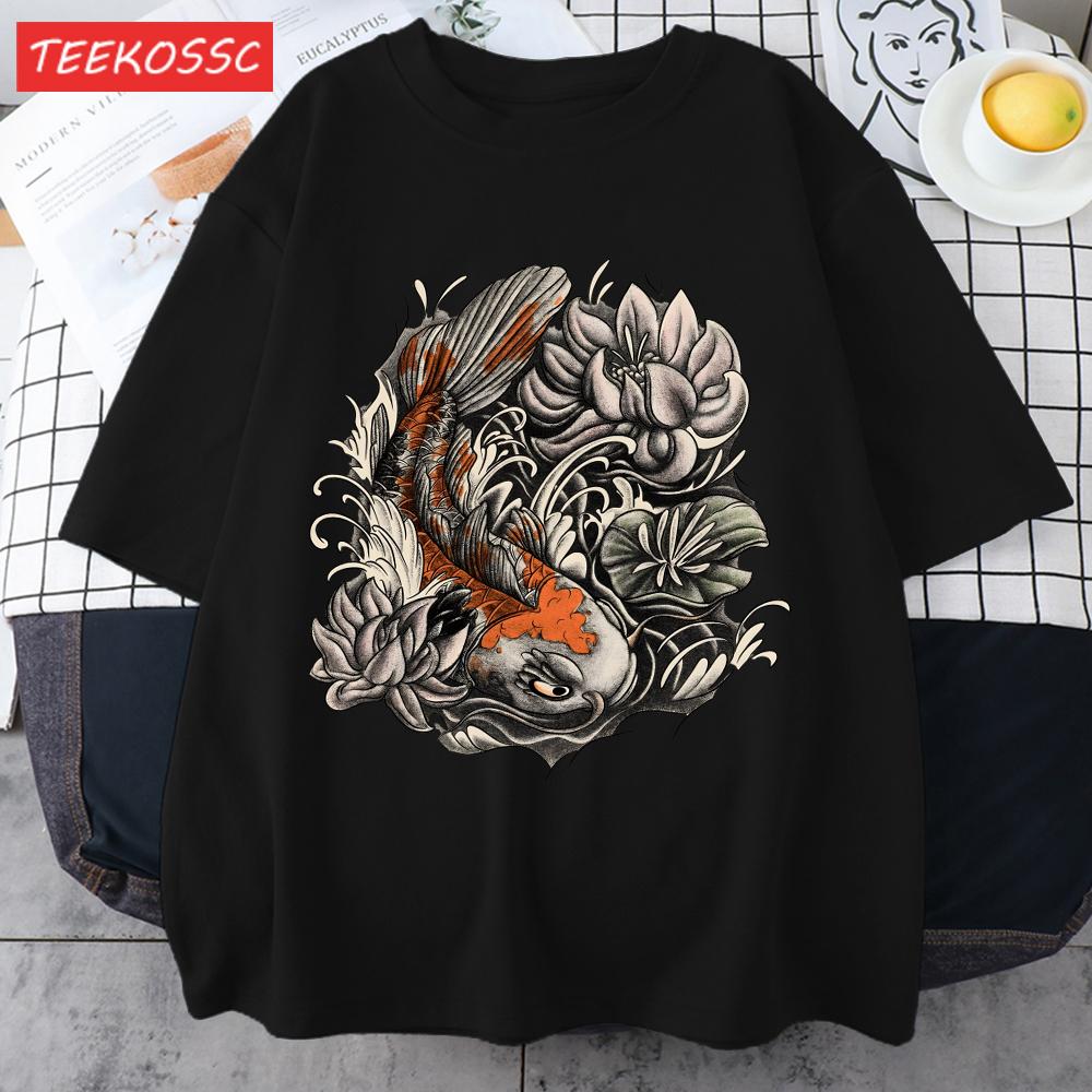Japanese Harajuku Lotus Koi Print Men T Shirts AllMatch Cotton TShirt Casual Crewneck Loose Streetwear Man Summer Basics Top