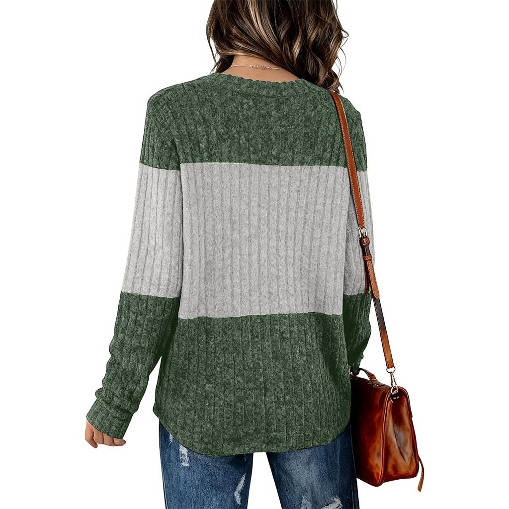 Women's V-neck Long-sleeved Patchwork Fitted Top T-shirt