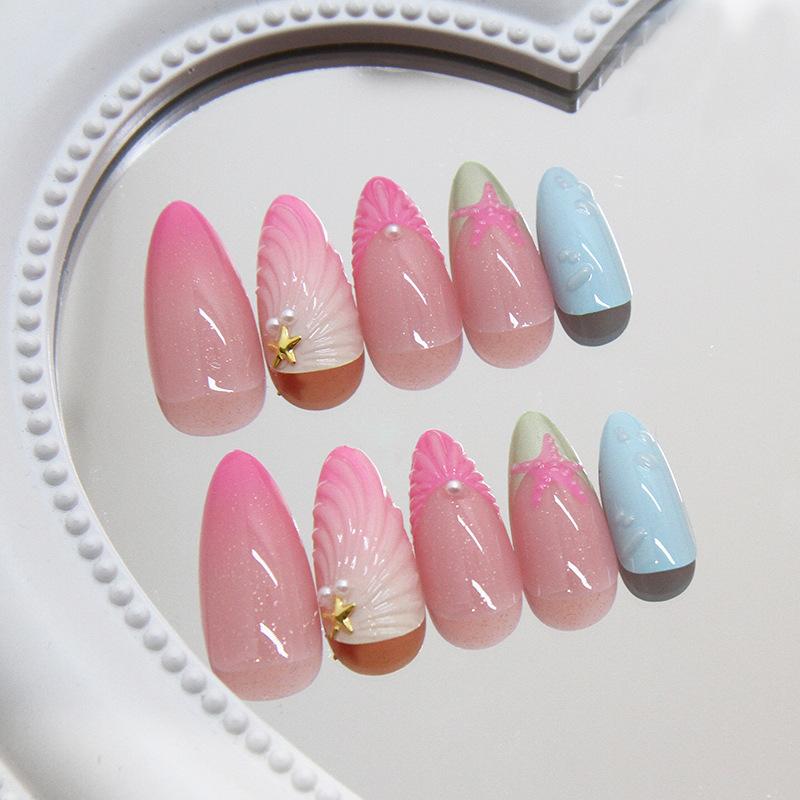 Summer Manicure Patch Removable Nail Fake Nail Three-Dimensional Shell Starfish Wearing Nail Manicure Diamond 24 Pieces