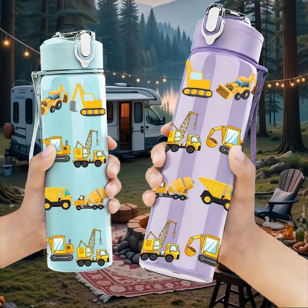 1PC Multiple Yellow Truck Vehicle Print 750ml Color Plastic Sports Water Bottle Leakproof Flip Straw Lid Suitable for Sports Office Home Use