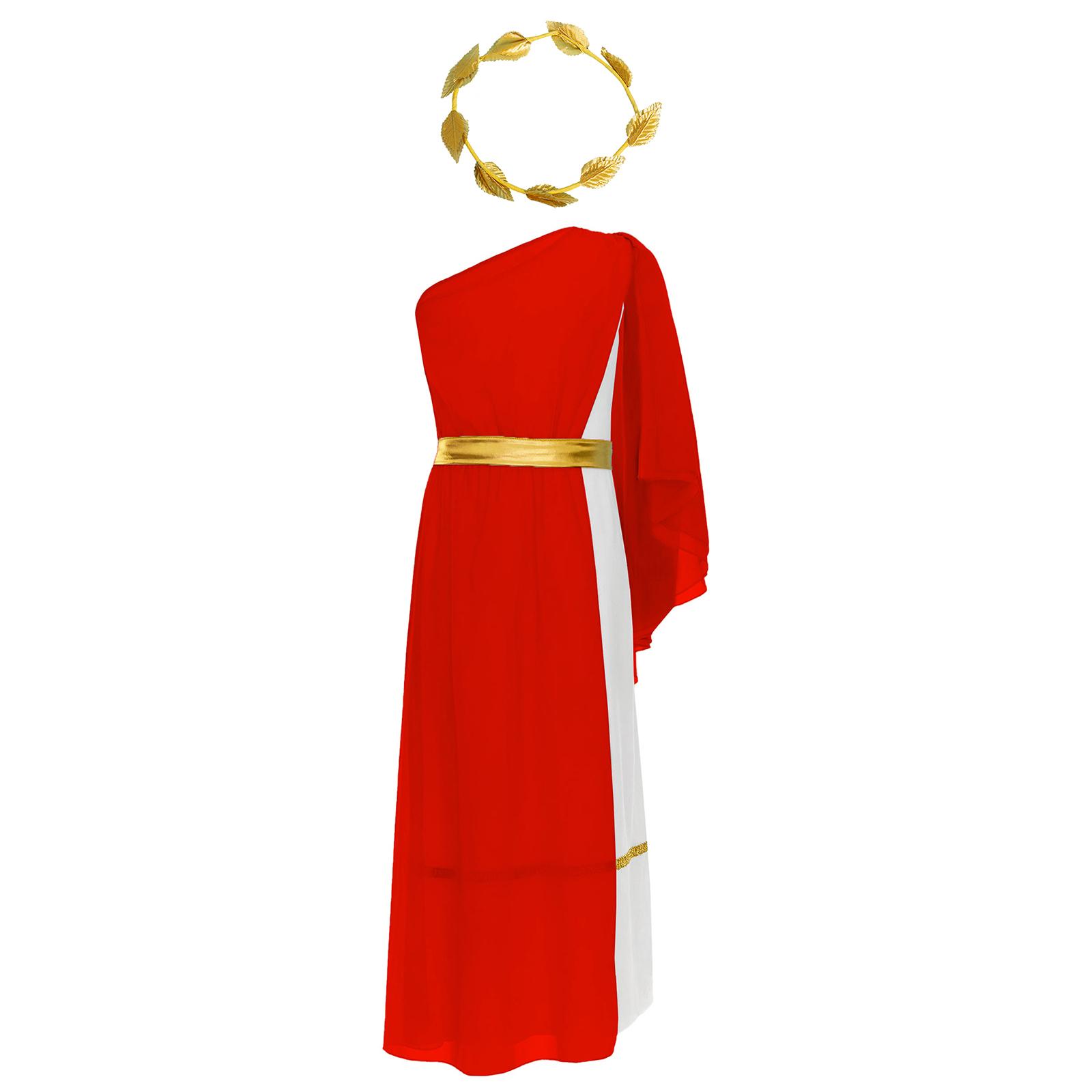 

Girls Greek Princess Toga Costume Single Shoulder Flowy Patchwork Dress Adjustable Waistband Leaf Wreath Headpiece Halloween Outfit 5-6 Years червоний