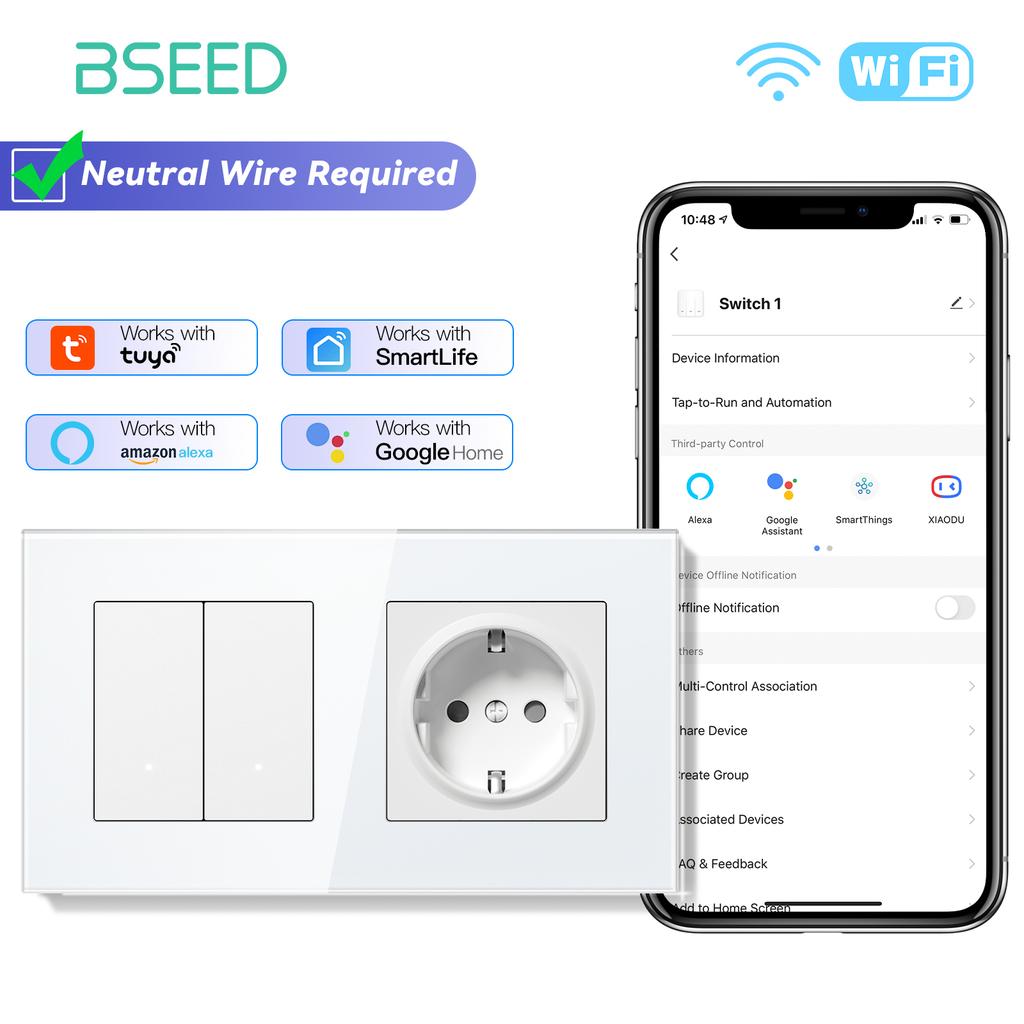 BSEED Wifi Wall Smart Switches 1/2/3/4Gang Mechanical Click Buttons Tuya Smart Life App With EU Power Sockets USB Glass Frames