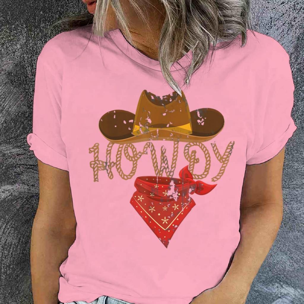Retro Howdy Cowgirl Print T-shirts For Women Summer Short Sleeve Crew Neck T-shirt Vintage Graphic Tops Tie Dye T-shirts