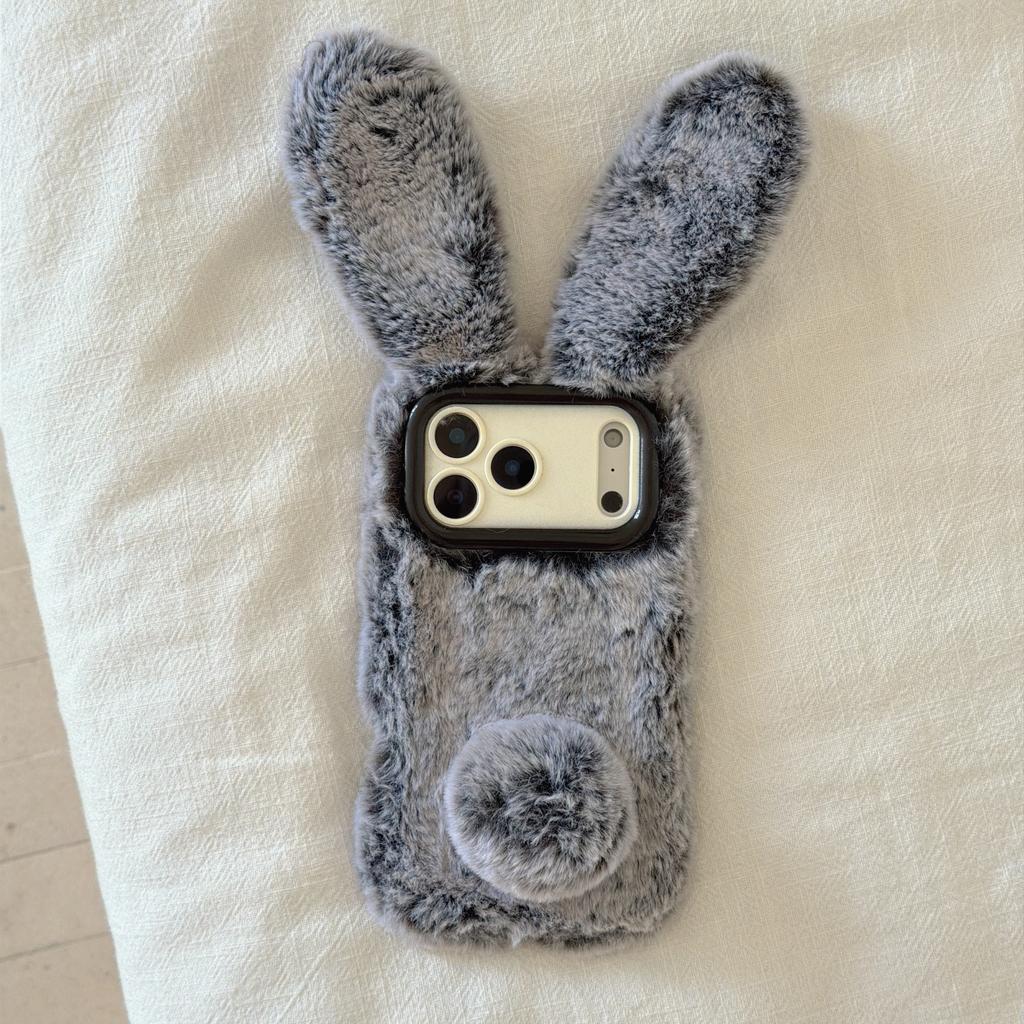 3D Rabbit Ears Warm Furry Plush Bunny Phone Case With Lanyard For Galaxy S25 Ultra 23 24 Ultra A14 15 35 54 56 A16 05S 36 Cover