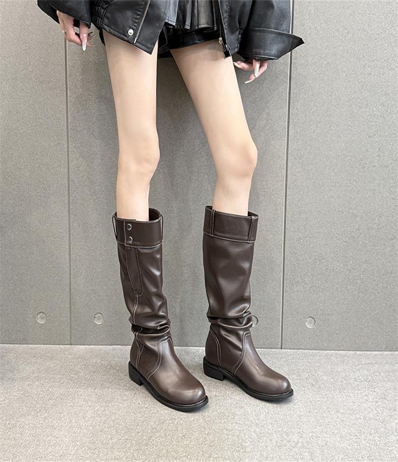 British Style Pleated Piled Boots, Women's Knees Are Thin, Big Tube Circumference Boots, Thick Heel Thick Knight Boots