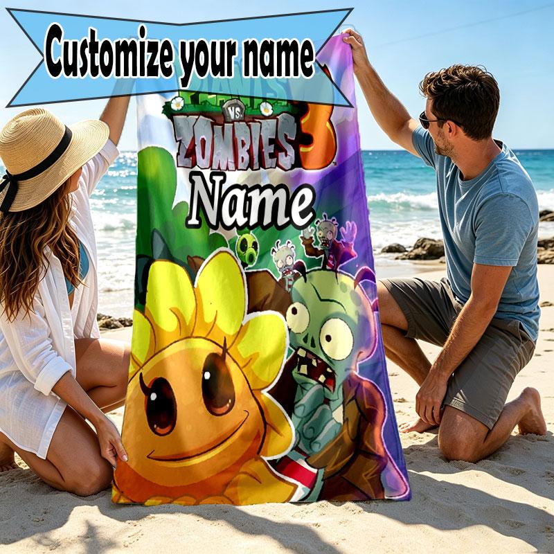 Custom Name Personalized Plants vs. Zombies Print Beach Towel, for Trip Camping Beach Party Home Decor, Birthday Gift for Family & Friends