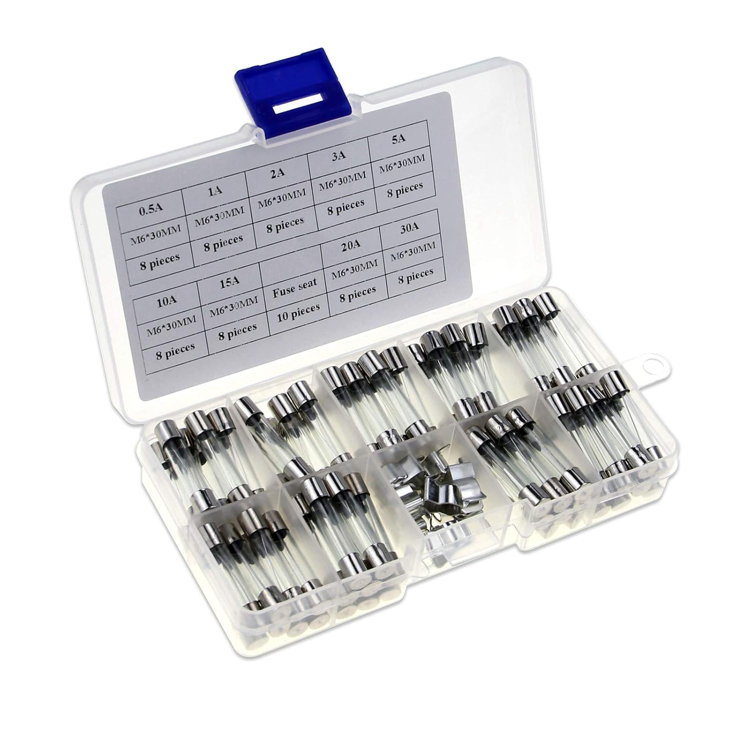 ZOOKOTO 72pcs 6x30mm 0.5A,1A,2A,3A,5A,10A,15A,20A,30A Fast-Blow Glass Fuses Quick Blow Car Glass Tube Fuses Assorted Kit Amp and 10pcs Fuse seat