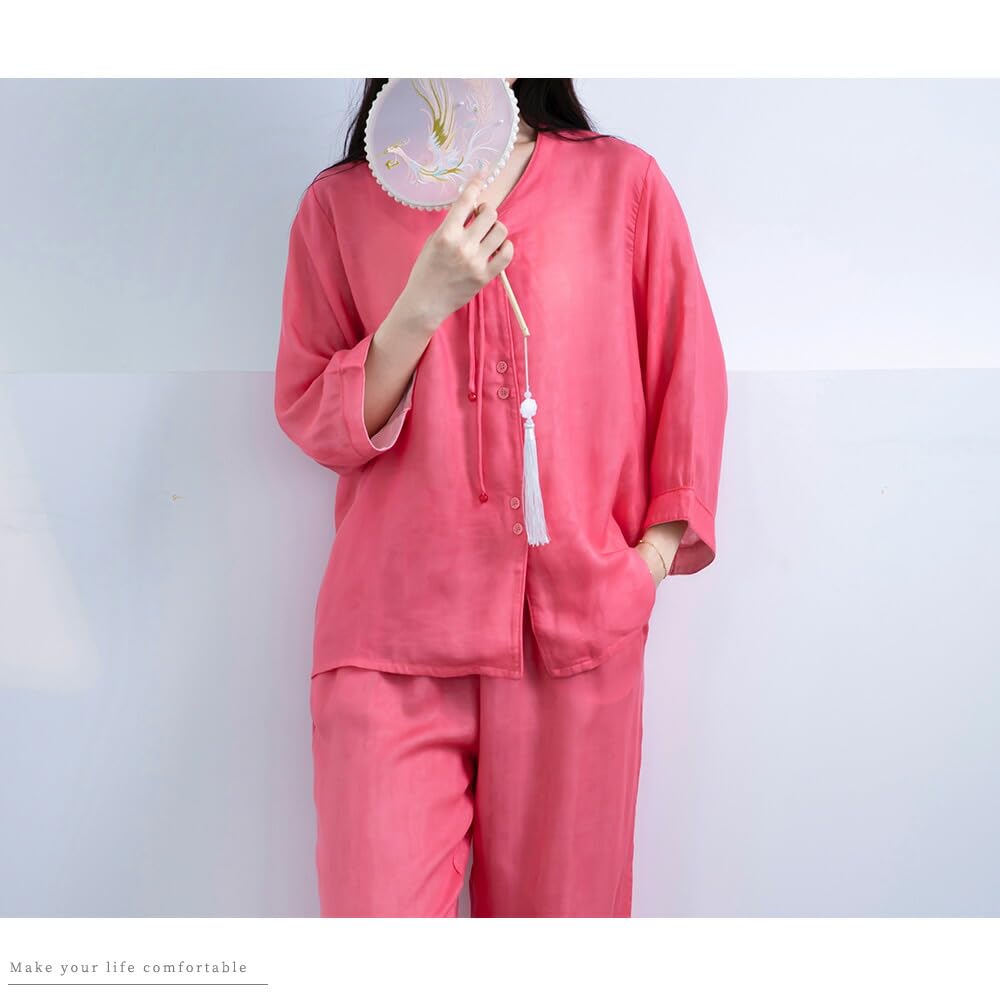 Yes Family Tencel Summer Open Size Red Women's 100% Double-Layered Pajamas, 3/4 Sleeves, Sleepwear, Front, Roomwear, L,
