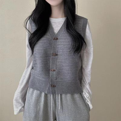 Herbst Koreanische Art Und Weise Gestrickte Retro Weste Frauen Neue Design Lose Alle Spiel Ärmellose Pullover Weste Ästhetischen Horn Taste Vintage Strickjacke