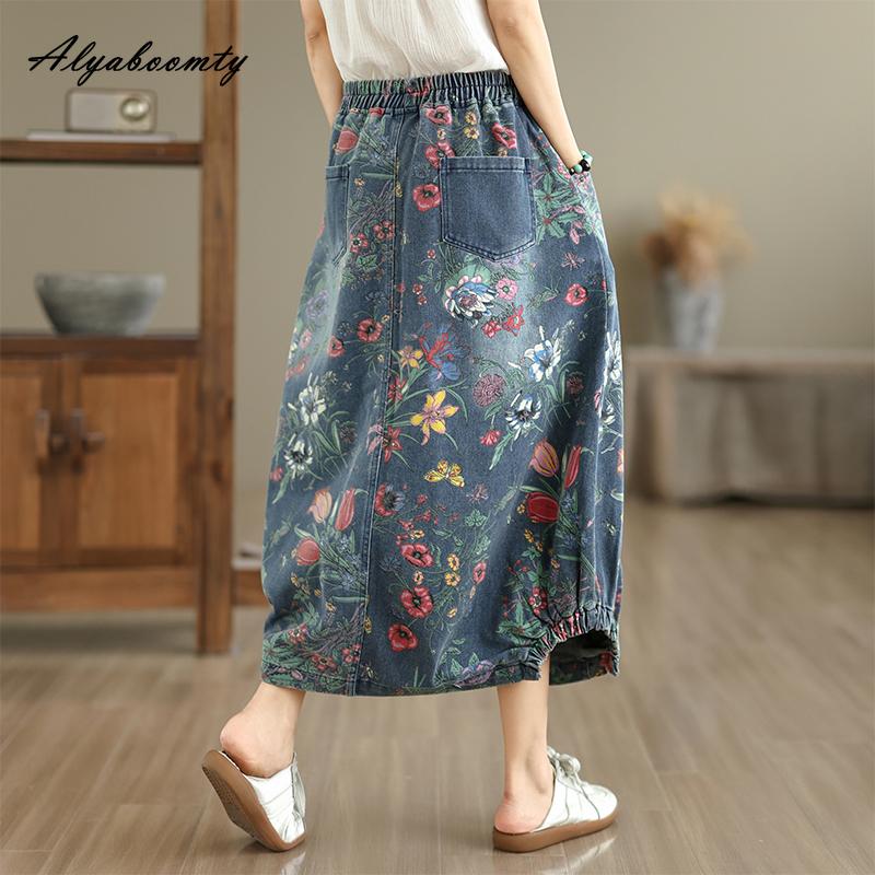 2026 Große Größen Frühling Sommer Damen Midi A-Linien-Rock Hoher Bund Blumenmuster Vintage Denim-Rock Eleganter Klassischer Damen-Chic-Rock Mit Taschen