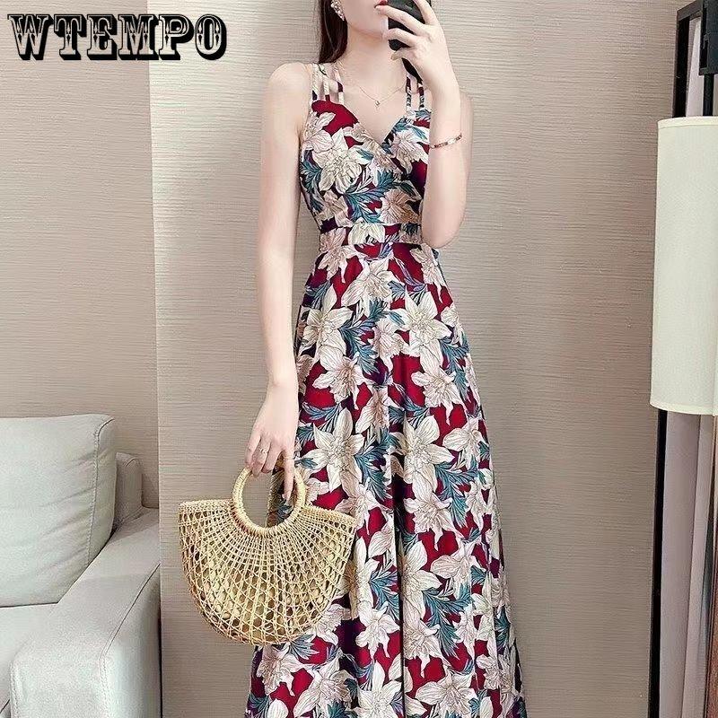 WTEMPO Summer Women's Large Size Dress Slim and Thin Floral Dress Waist-skimming Temperament Beach Dress Loose Print Floral Dress