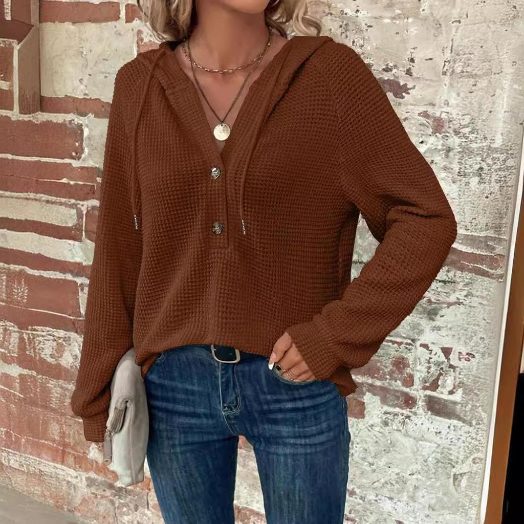 Autumn Solid Color Hooded Button Loose Long Sleeve Sweatshirt
