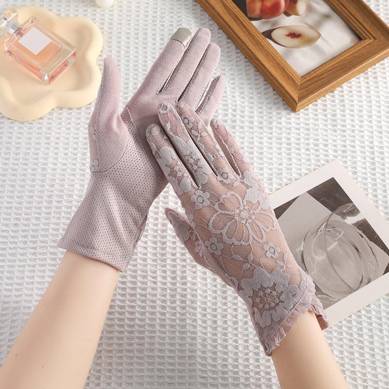 New sunscreen gloves women's spring summer outdoor riding driving lace non-slip bow