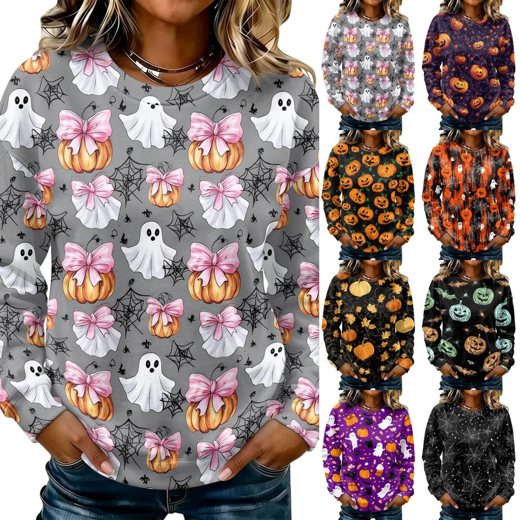 Women's Halloween Print Long Sleeve Neck Sweatshirt Top for Casual Wear