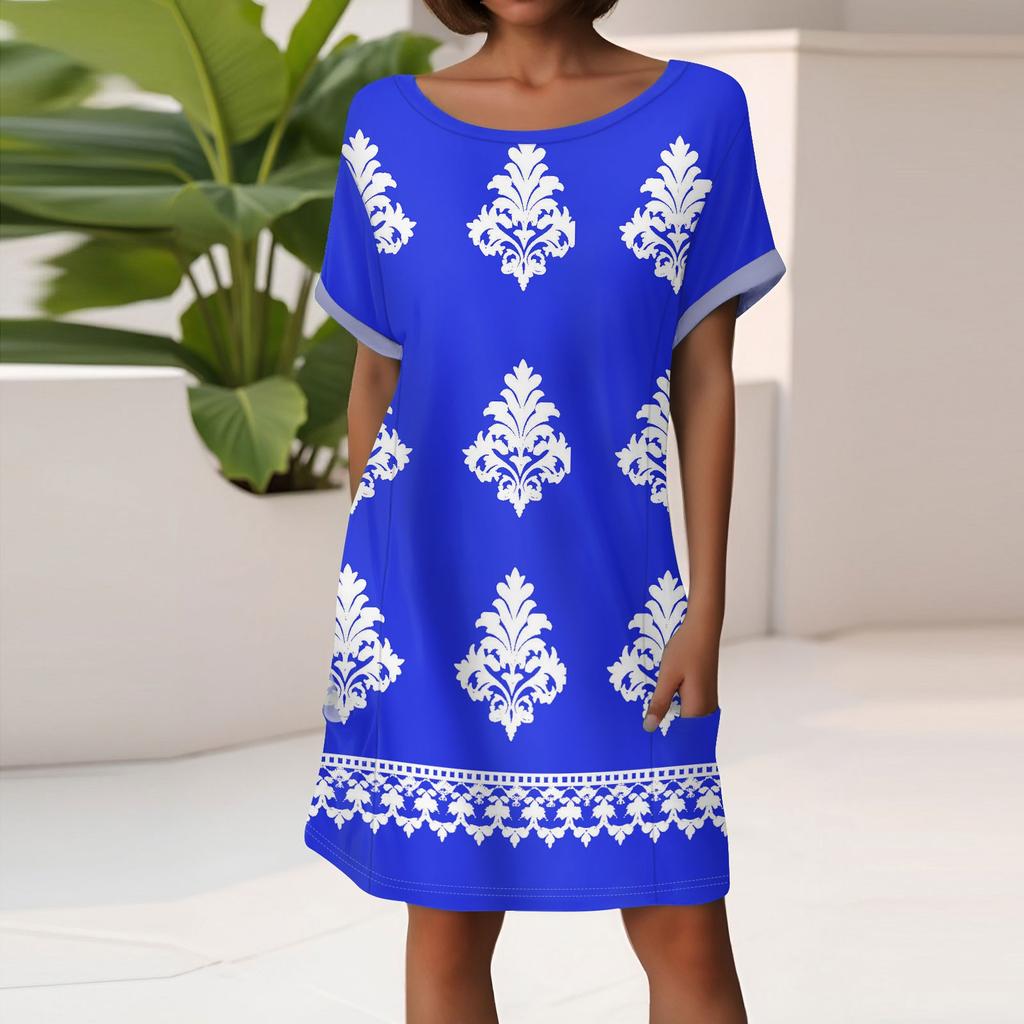 Women's Fashion Short Sleeve Dress With Pockets Floral Print Casual Beach Dress