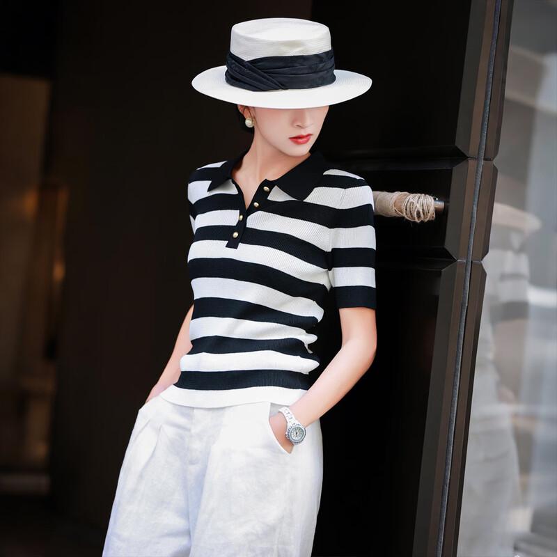 

Lanseer Striped Lyocell Knit Polo Top XL