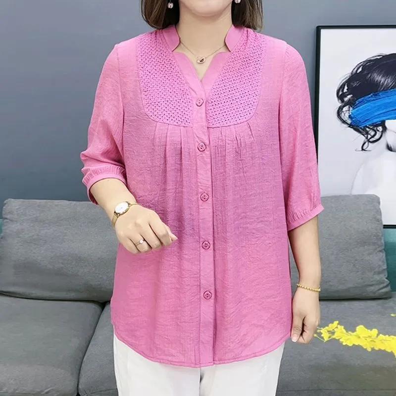 Women's Summer Meat Covering and Slimming Shirt, Mom's Mid Sleeve Plus Size Button Style Shirt