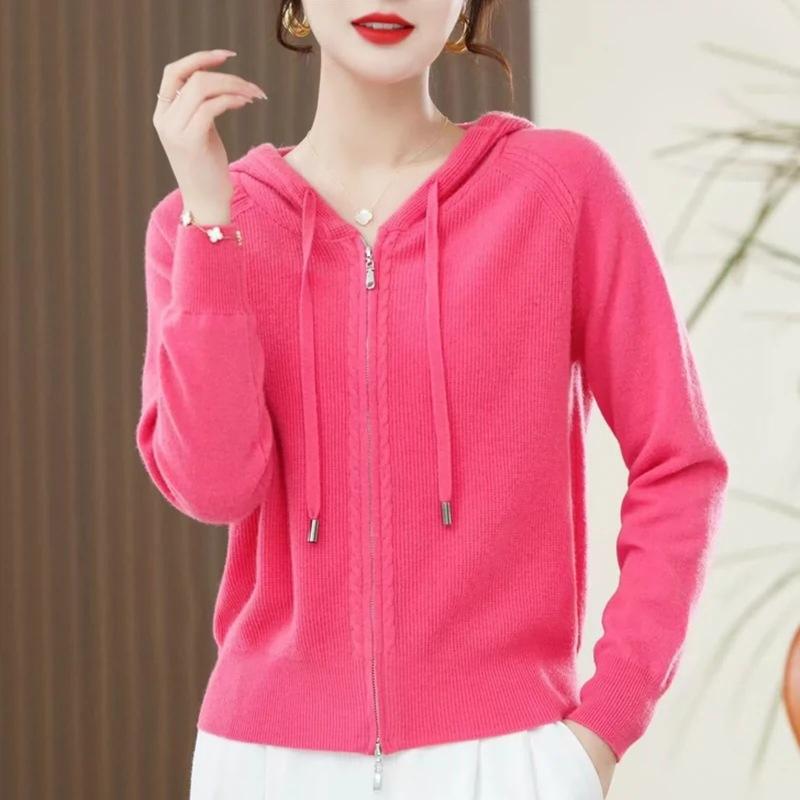 Autumn Fashion Outerwear Knitted Sweater Hooded Cardigan Women's Fashion Outerwear Long Sleeved Loose Solid Color Sweater Jacket