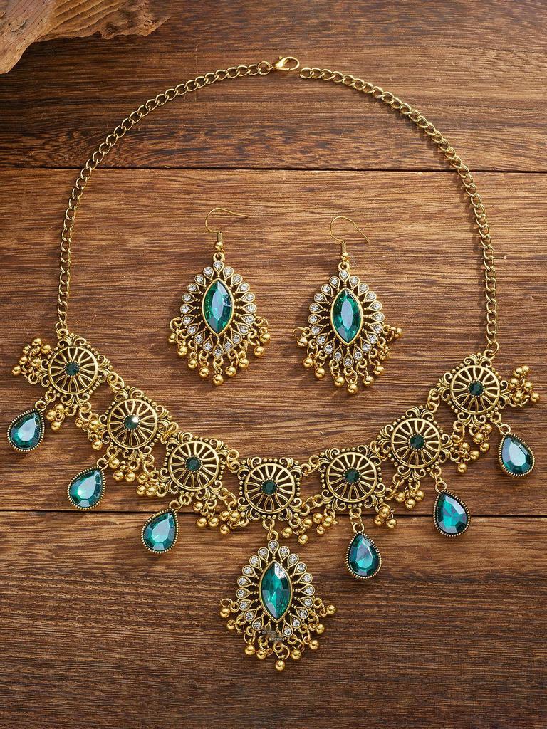 Indian Ethnic Style Gemstone Beaded Jewelry Set - Necklace & Earrings