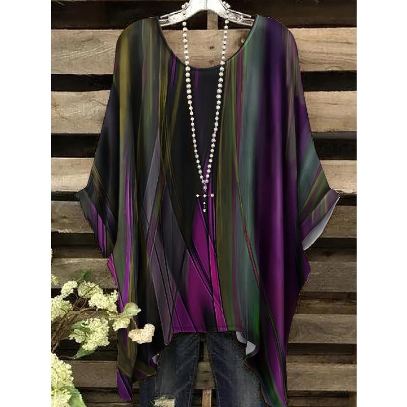 

Spring, summer and autumn plus size women s T-shirt with all-over printing loose fit bat sleeves irregular hem women s T-shirt 1XL