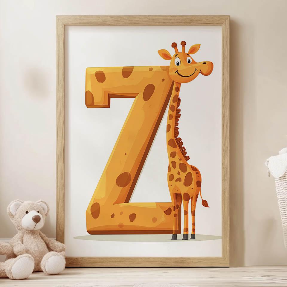 Żyrafa Z Literką Z - Plakat Dla Dzieci Żyrafa Z Literką Z - Plakat Dla Dzieci, 70X100 Cm, Rama Drewniana Jasny Dąb, Papier Matowy 230 Gsm