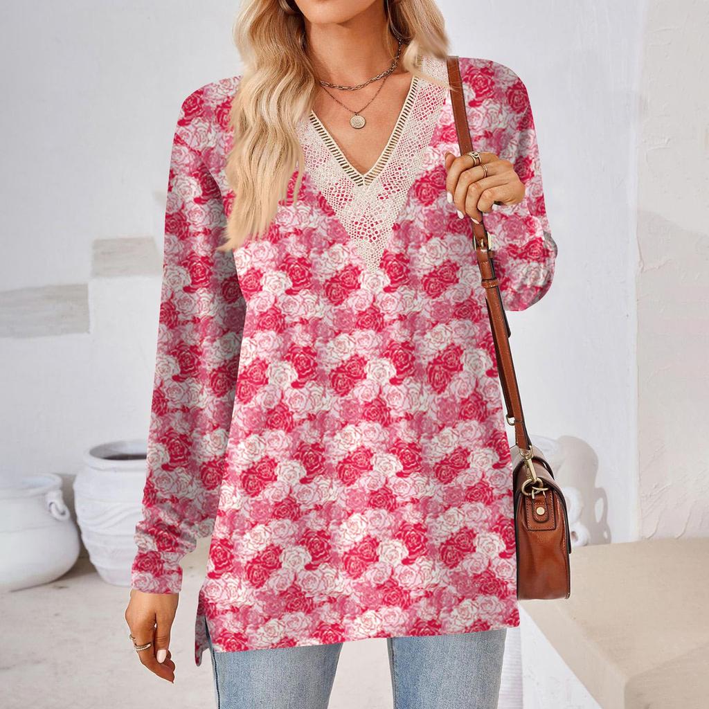 Womens Tops Loose V-neck Contrast Color Split Loose Long Sleeve T-shirt Women's Tops